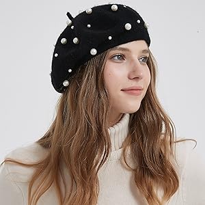 Women Beret Pearl Elegant Sweet Artist French Style Beret Beanie Cap-3