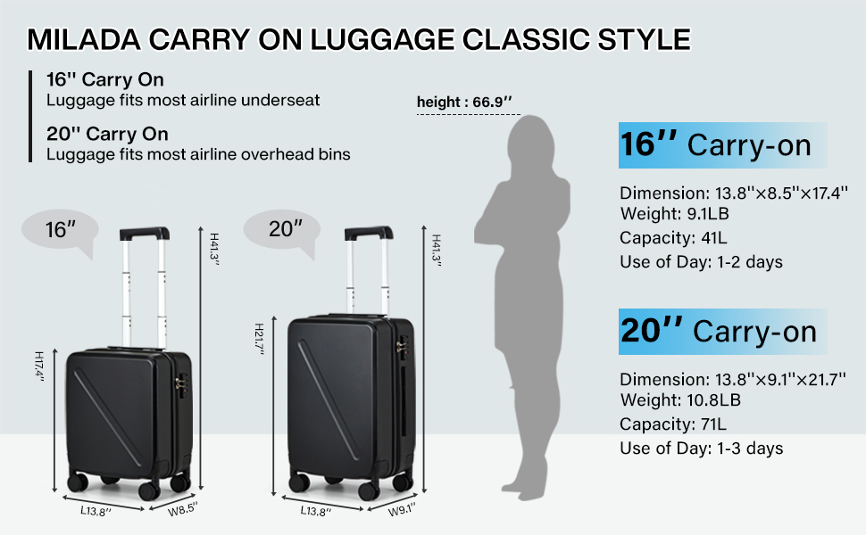 MILADA Luggage Hard Shell Suitcases Airline Approved Carry On Luggage