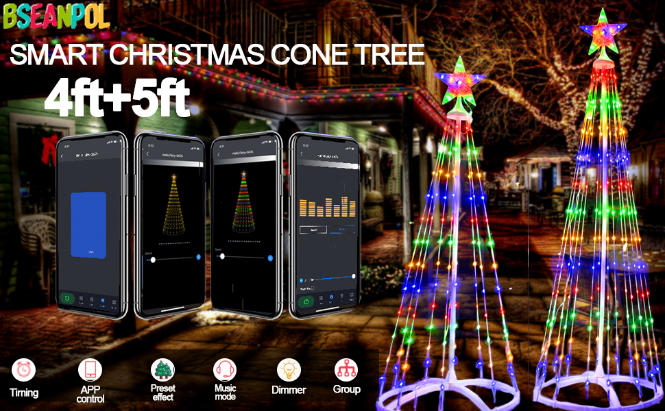 Bseanpol Set 4ft&5ft Smart LED Christmas Cone Tree Light Outdoor