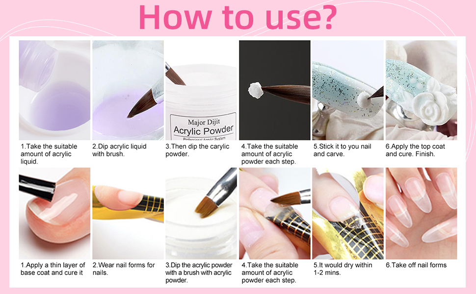 Step-by-step guide for applying acrylic nails. Shows 12 images demonstrating the process from preparing the nail to applying powder, liquid, and finishing touches.