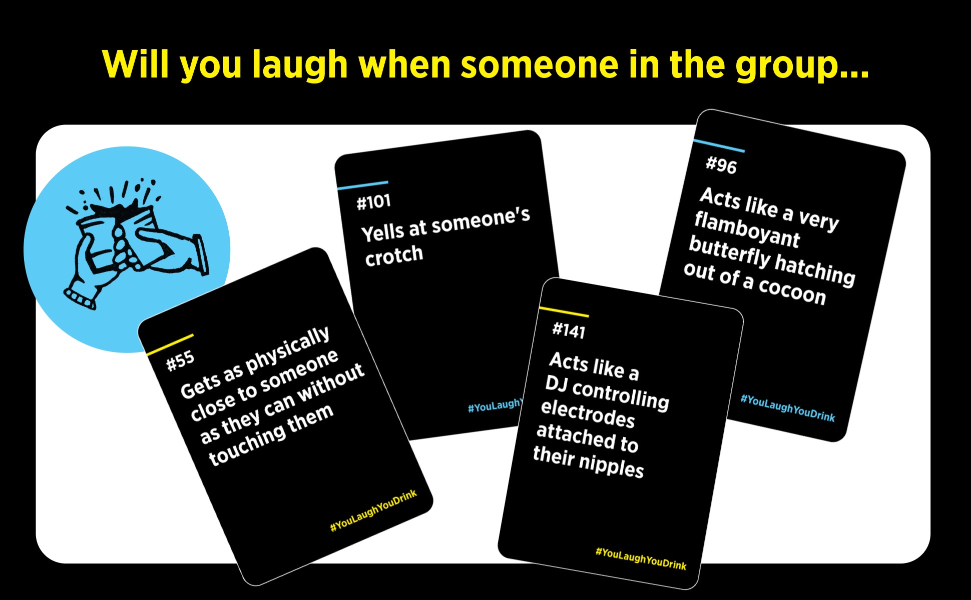 DSS Games You Laugh You Drink for People Who Can’t Keep A Straight Face [Try Not to Laugh Cards | Party Game for Adults | 150 Fun Prompt Cards for Game Nights, Pregames | Gift for Him]