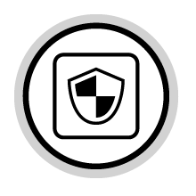 Einfaches schwarz-weißes Symbol mit einem Schildsymbol in einem quadratischen Rahmen, der von einem kreisförmigen Rand umgeben ist.