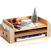 ZOOFOX Bamboo Desk Organizer - 5-Tray Paper Letter Tray with File Holder, 3-Tier Wood Tabletop St...