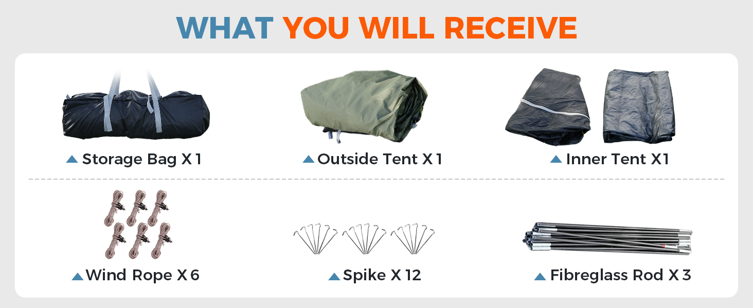 Product contents diagram showing storage bag, tent, wind rope, stakes, and fiberglass rods with quantity indicators.