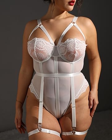 Women's Plus Size Ring Linked Cut Out Sheer Mesh Teddy Bodysuit Garter Lingerie Set