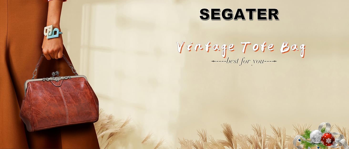 Segater Women Retro Oil Wax PU Leather Handbag Kiss Lock Crossbody Purse Vintage Messenger Bag Tote