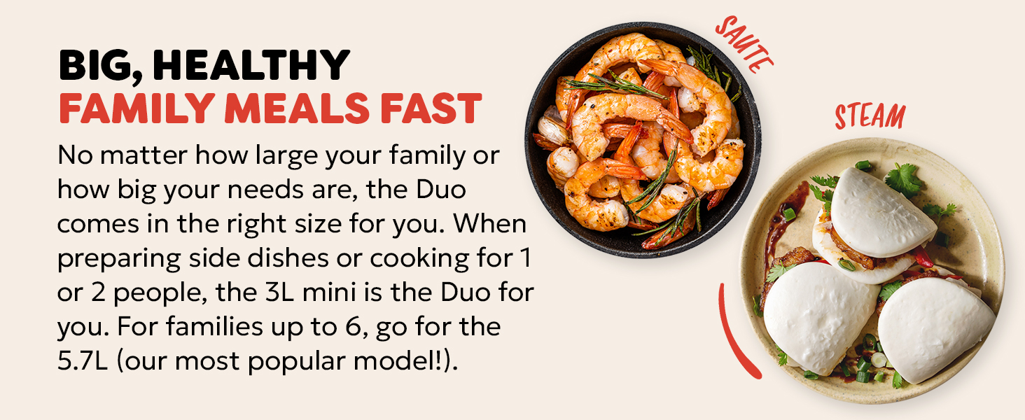 Two cooking pans displaying prepared meals. Left: skillet with sautéed shrimp and vegetables. Right: steamer with two large white dumplings and vegetables.