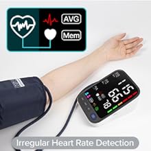 Digital health monitor display showing heart rate data. Icons for ECG, heart rate, and memory functions. Hand demonstrating device use.