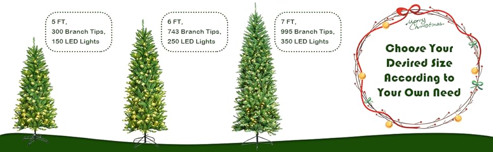 Three artificial Christmas trees of varying heights (4 ft, 6 ft, 7 ft) with LED light counts. Circular text reads 'Choose Your Desired Size According to Your Own Need'.