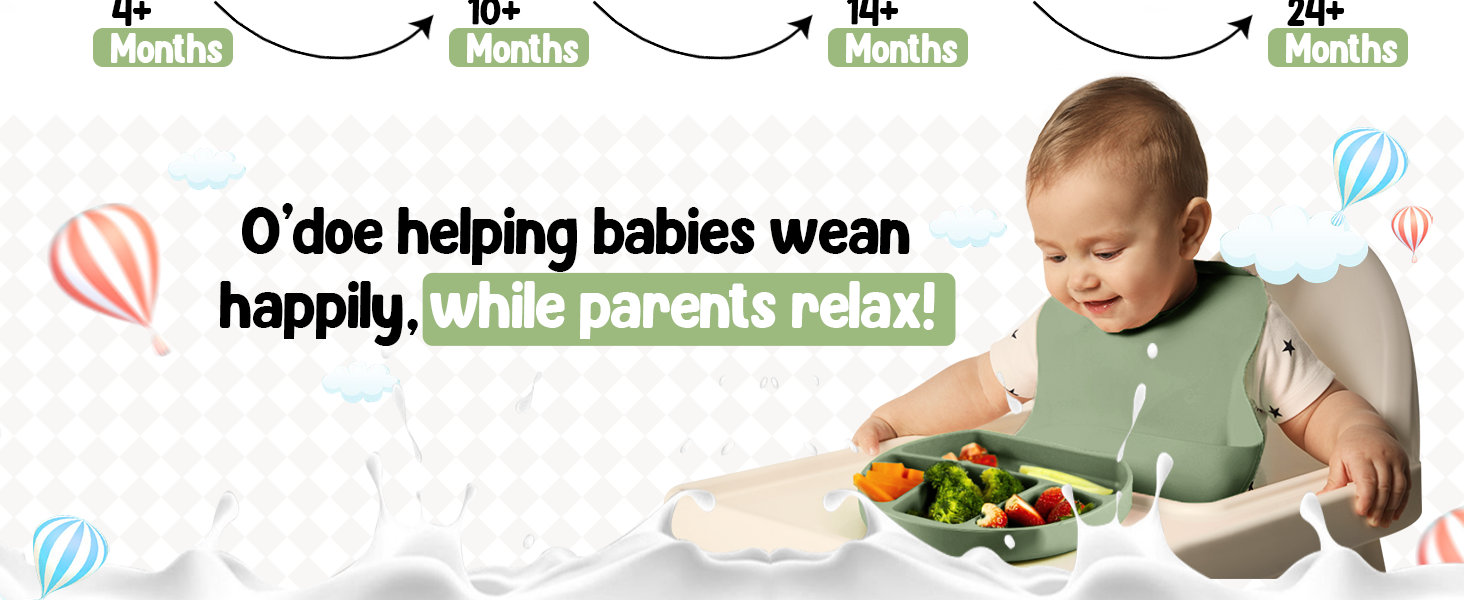 Infographic showing baby's feeding progression from 0+ to 24+ months. Image of baby eating independently at a table with various foods.