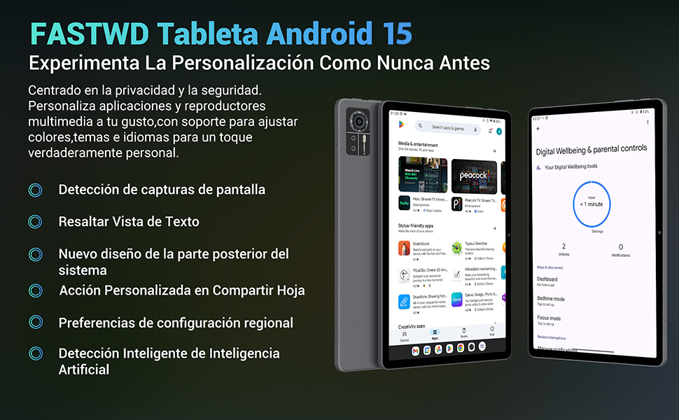 El texto dice «FASTWD Tableta Android 15 Experimenta La Personalización Como Nunca Antes». Capturas de pantalla que muestran la interfaz de la tableta y las opciones de personalización.