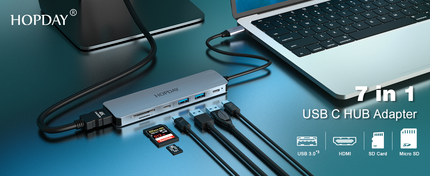 HOPDAY USB C Hub, 7 in 1 USB C Adapter,USB C zu HDMI Dual Monitor für