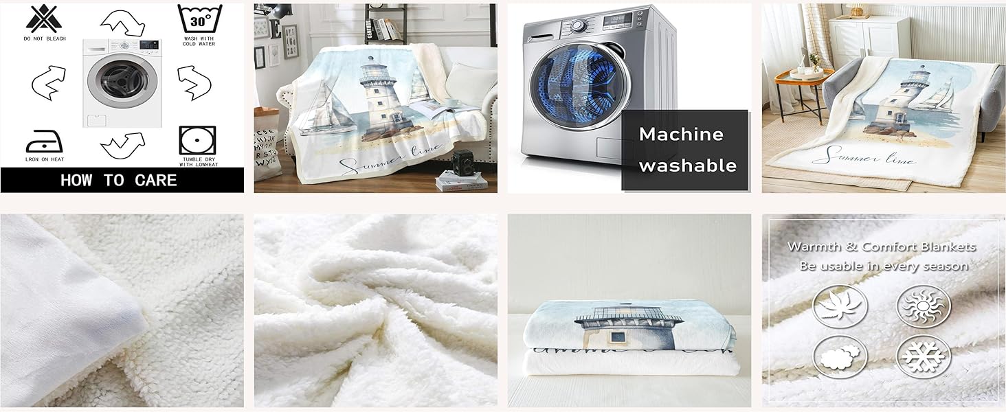 Fleece Blanket 30x40 Summer Beach Sherpa Blanket Decoratives Sea Adventure Bedroom Decor, White Blue