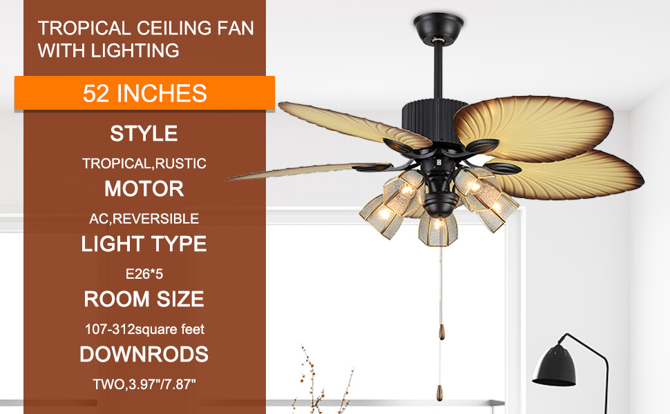 BeiseYu 52'' Tropical Ceiling Fan with Light and Remote Control
