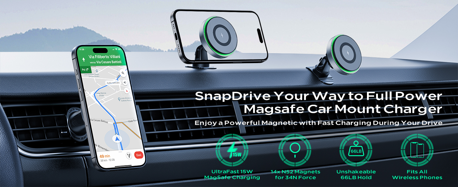 Car dashboard mount with phone holder and wireless charging pad. Features include GPS navigation support, magnetic attachment, and fast charging capabilities.