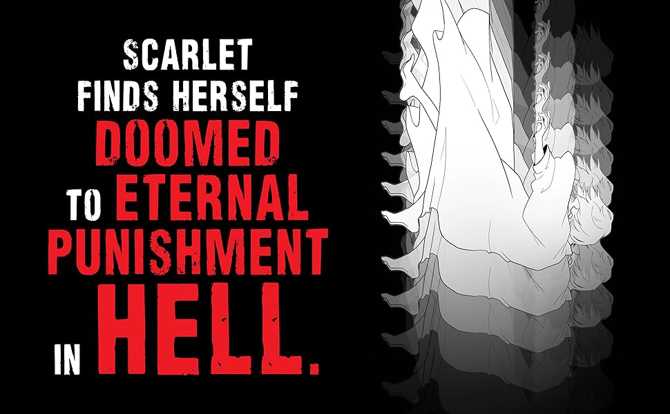 Red/white text saying "Scarlet finds herself doomed to eternal punishment in hell" with body falling