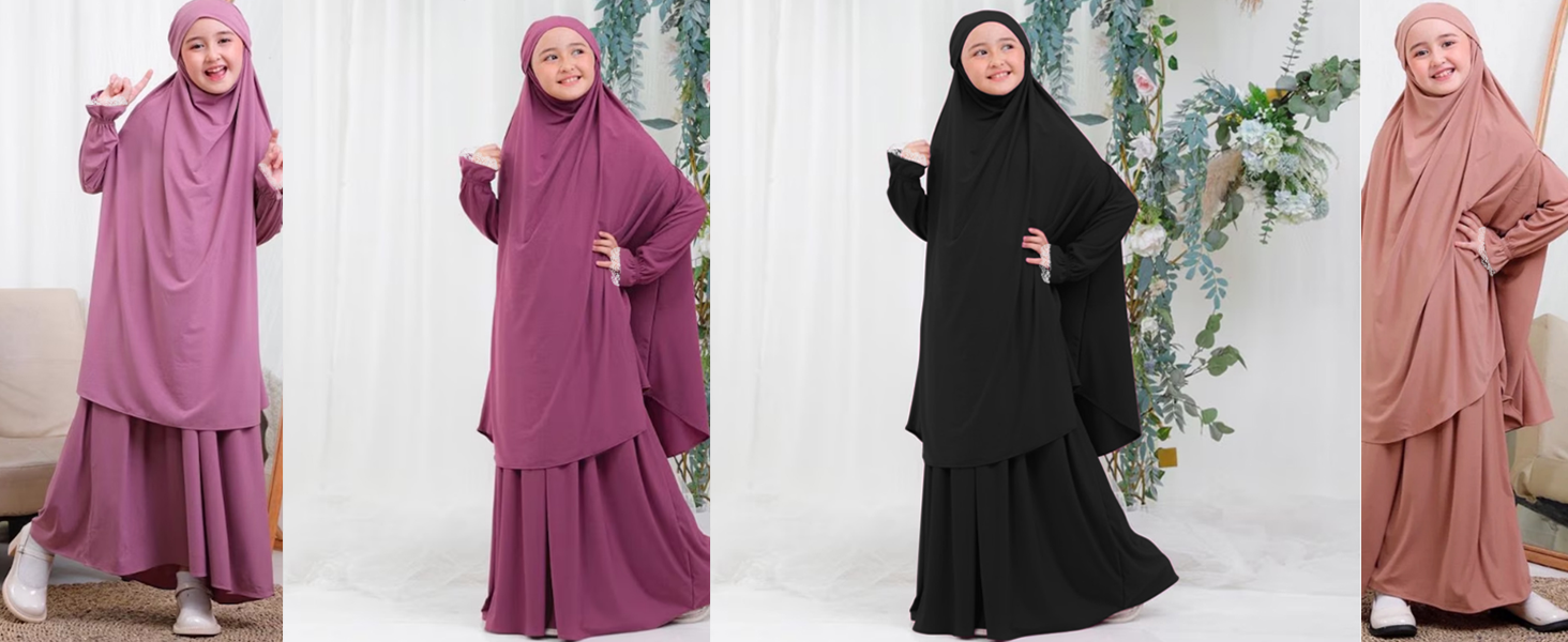 Kids Girls Muslim Islamic Two-piece Outfits Lace Long Sleeve Hijab Dress Abaya and Loose Skirt