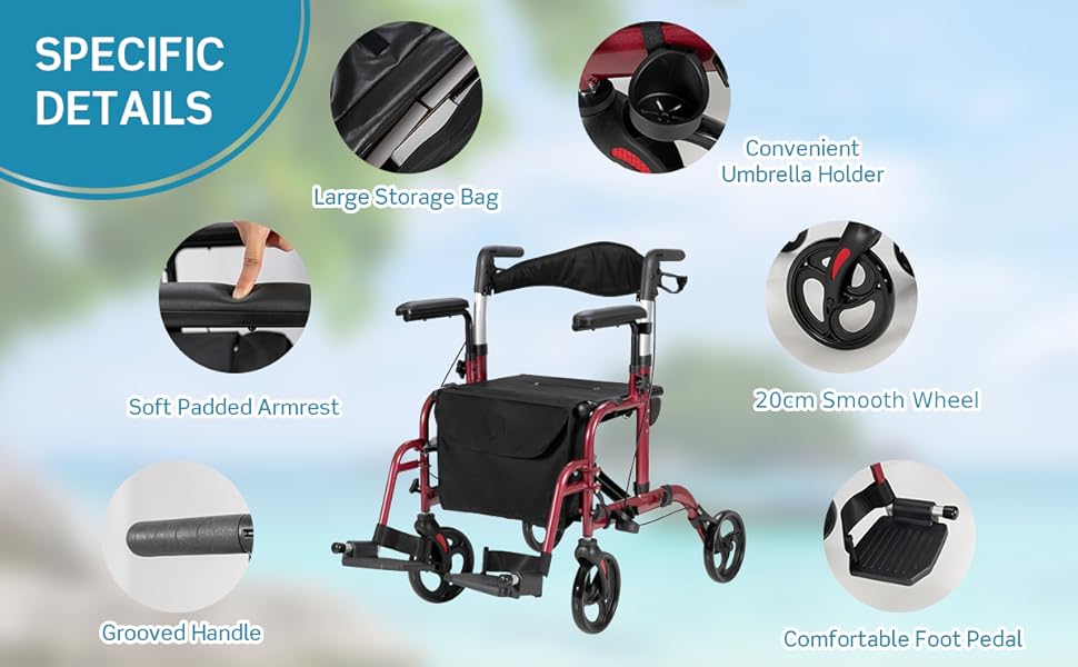 COSTWAY 2 in 1 Rollator Walker & Wheelchair, Folding Wheeled Walking