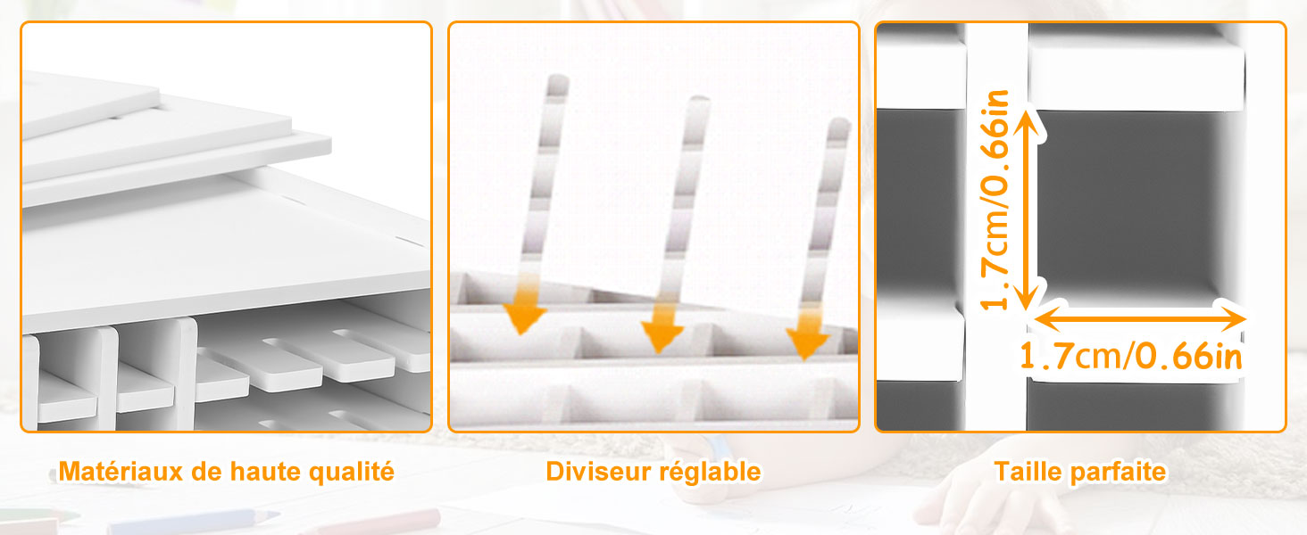 Image à trois panneaux montrant des composants de stockage modulaires. À gauche : compartiments blancs. Centre : séparateurs réglables. À droite : gros plan des dimensions du compartiment, 1,7 cm de largeur et 7 cm