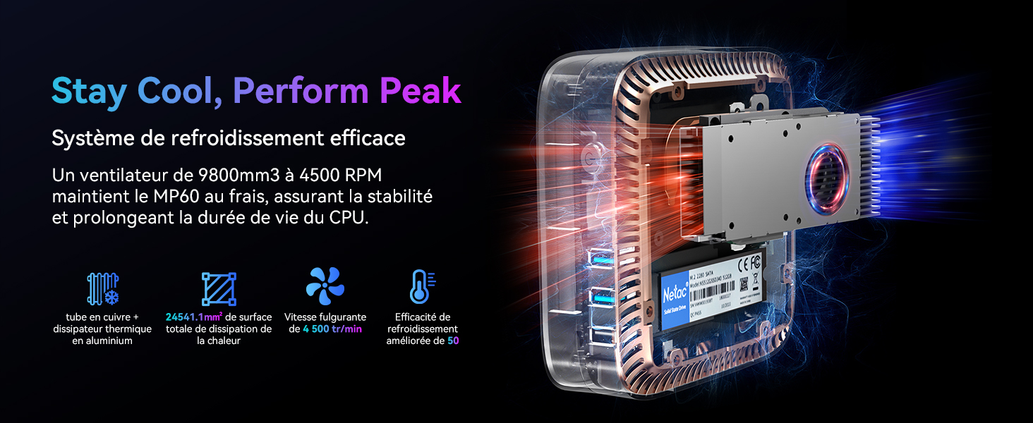 Système de refroidissement transparent pour appareil électronique avec caloducs en cuivre, ventilateur et affichage numérique. Dispose d'une régulation efficace du débit d'air et de la température pour des performances optimales.