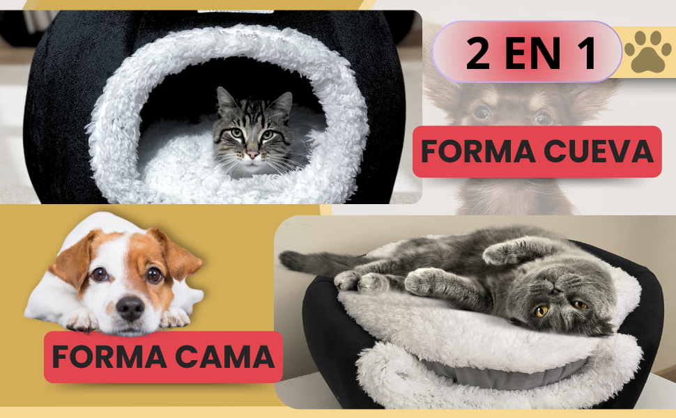 Panier pour animaux de compagnie à double usage, avec des configurations « grotte » et « lit ». Représente un chat gris en forme de grotte et des chiens en forme de lit.