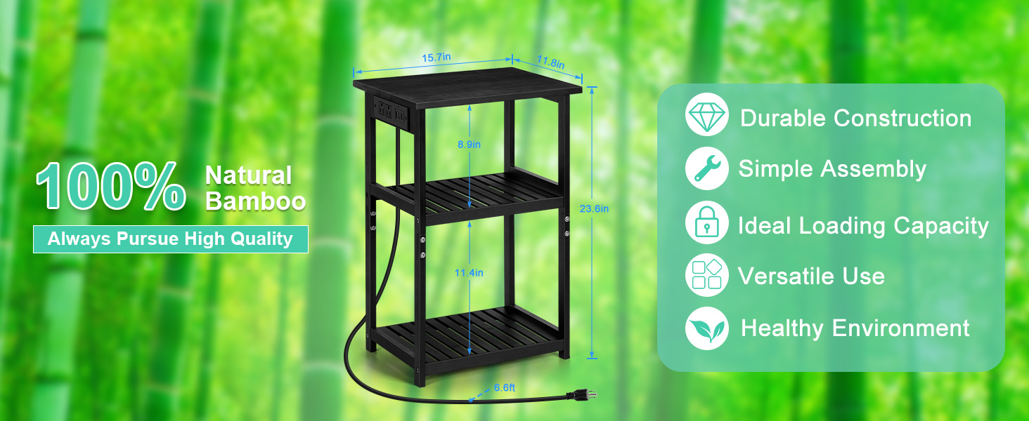 Black End Table with Charging Station, Small Nightstand Bedside Table with USB Ports and Outlets