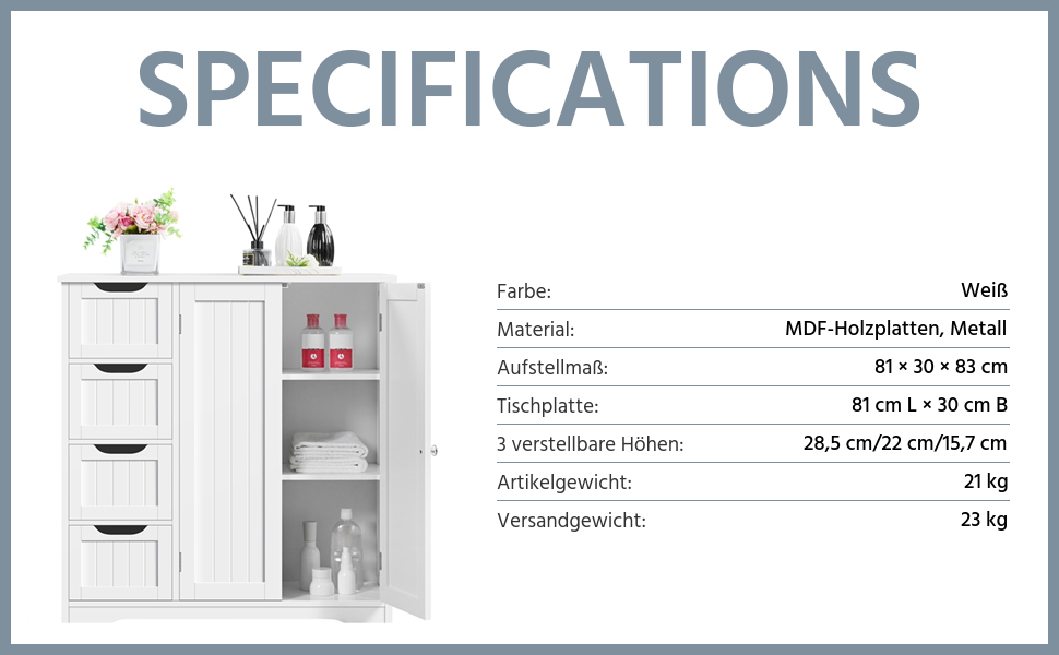 White MDF and metal bathroom cabinet specifications. Three adjustable shelves, dimensions 81x30x81 cm, weight 21 kg.