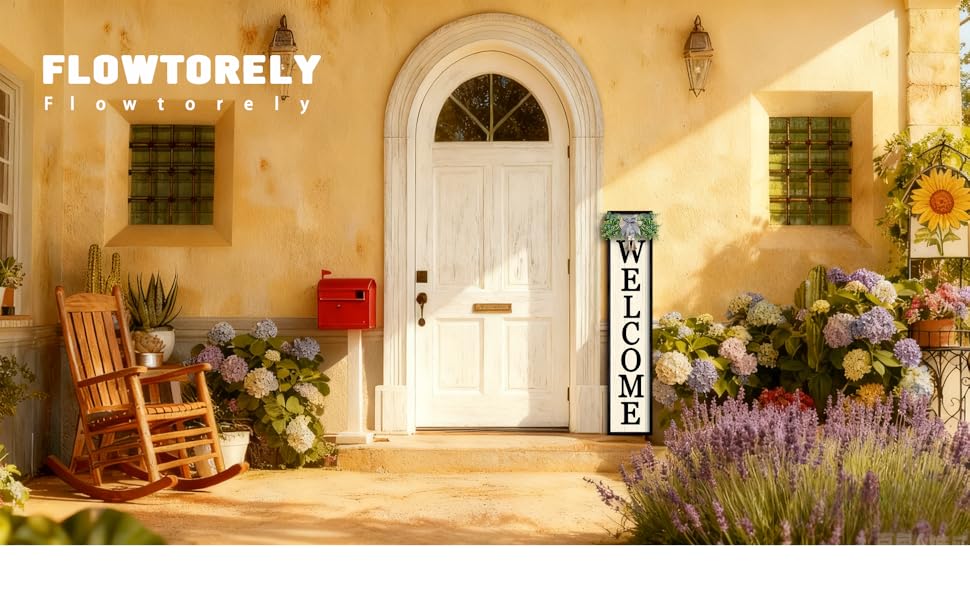 A sunlit porch with a &#34;WELCOME&#34; sign, white door, rocking chair, and colorful flowers.
