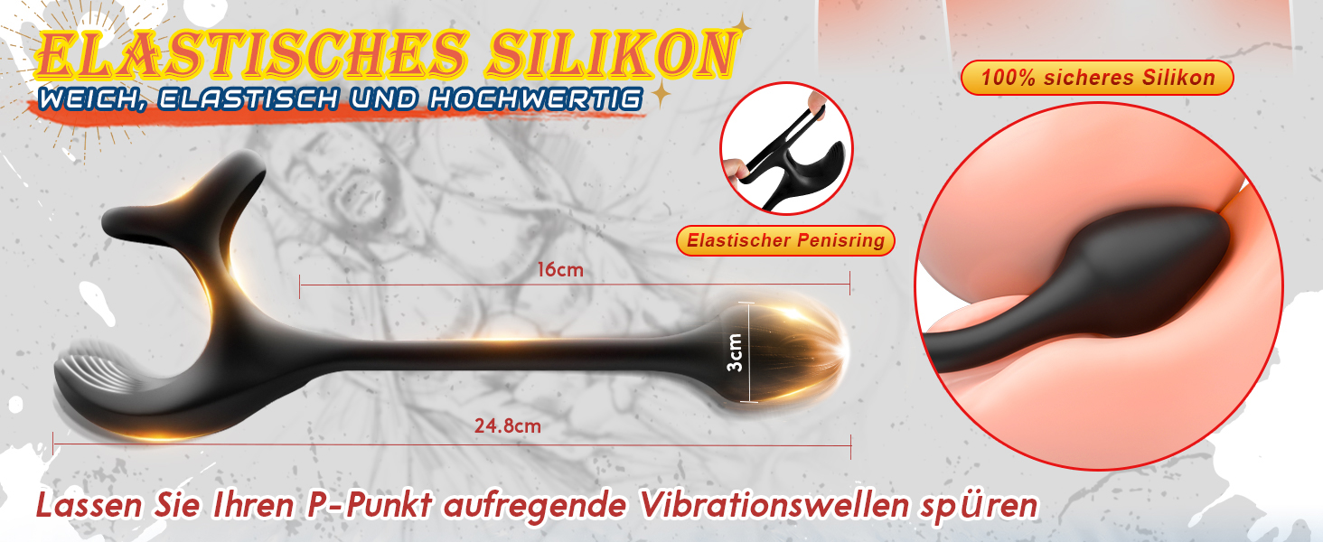 Der Text lautet „ELASTISCHES SILIKON“. Das Produktdiagramm zeigt die Eigenschaften flexibler Silikonmaterialien mit orangefarbenen Markierungen.