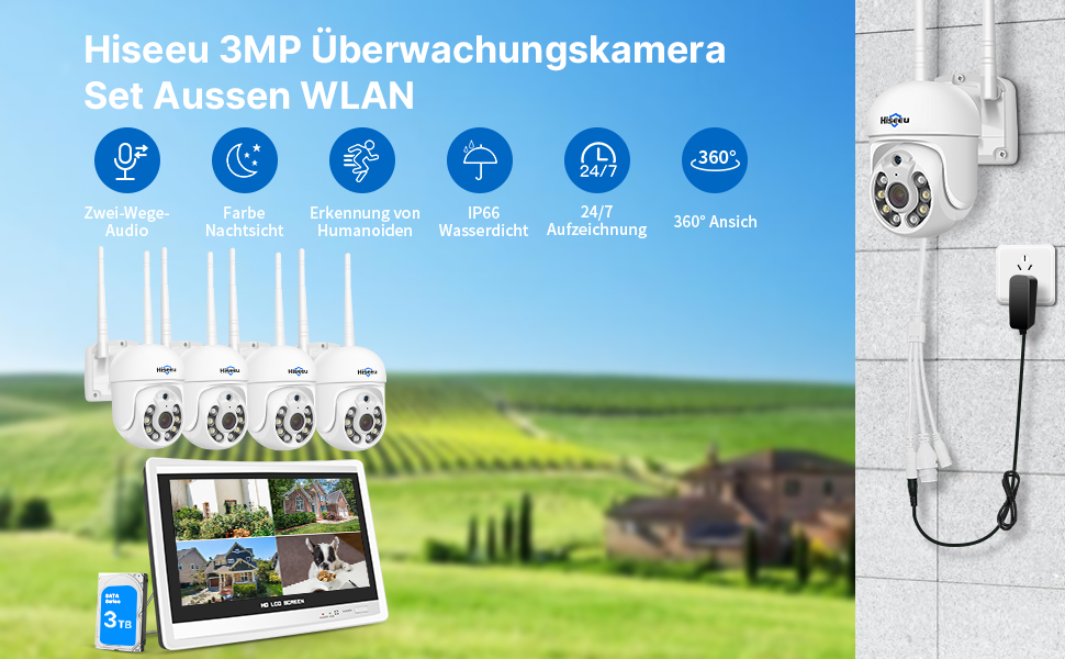 5MP + PTZ Hiseeu Outdoor WiFi Surveillance Camera Set with 12 Inch