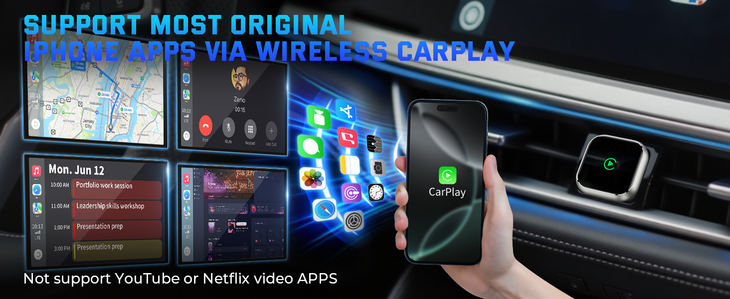 Text reads 'SUPPORT MOST CARPLAY APPS VIA WIRELESS OR CARPLAY' and 'Not support YouTube or Netflix video APPs'. Car dashboard display showing various app interfaces and navigation screen.