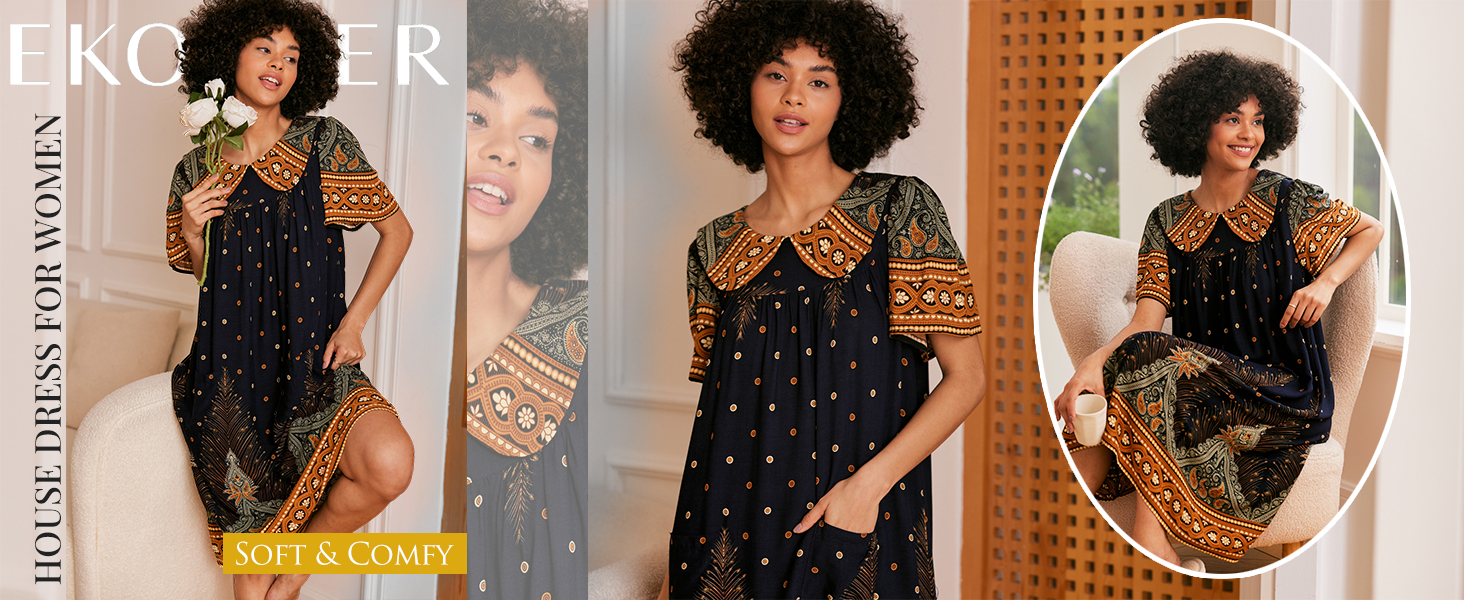 Ekouaer House Dresses for Women with Pockets Mumu Duster Short Sleeve