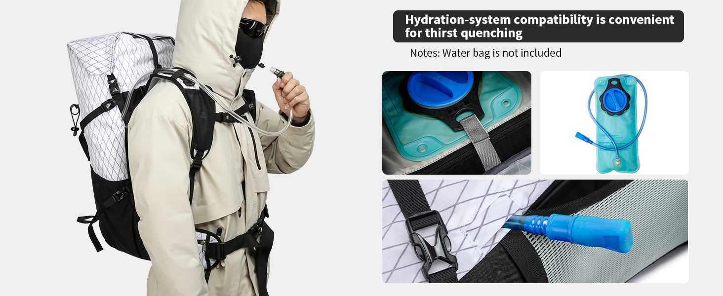 Backpack with built-in hydration system. Main image shows person wearing backpack, insets display water reservoir and drinking tube integration into pack straps.
