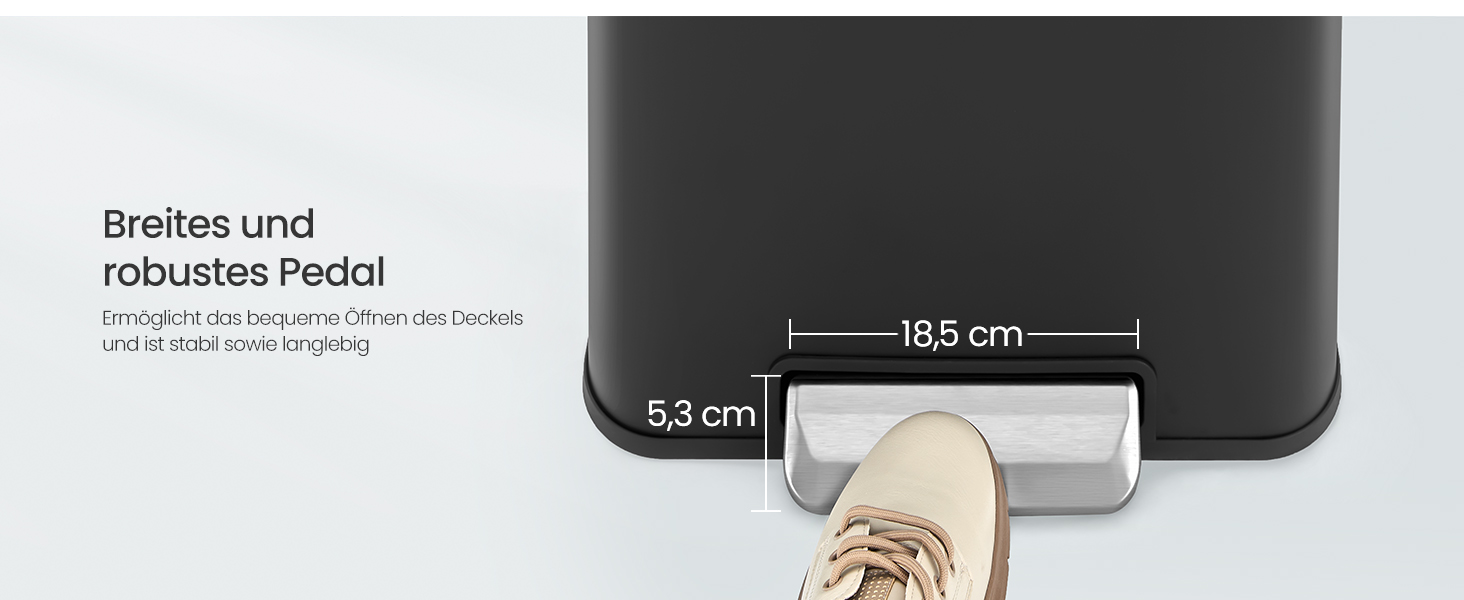 Diagram produktu zobrazujúci rozmery pedálov: šírka 18,5 cm a výška 5,3 cm s ukážkou umiestnenia chodidla.