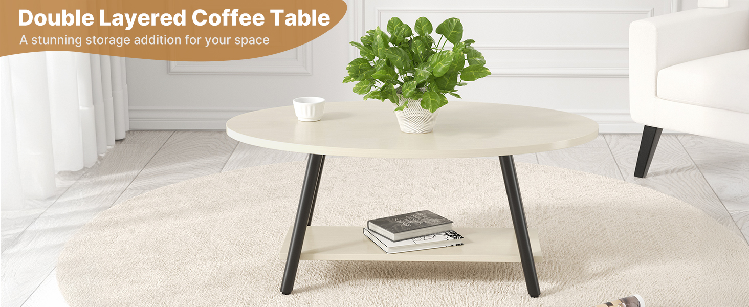 Round coffee table with double-layered design. Light-colored top surface, black metal legs, and lower shelf for storage. Plant and books displayed on surfaces.