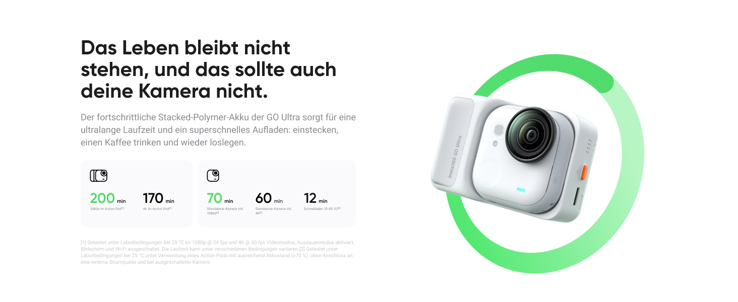 Le texte indique « La vie ne s'arrête jamais ». L'interface utilisateur allemande affiche les détails des écouteurs sans fil avec des marqueurs verts circulaires.