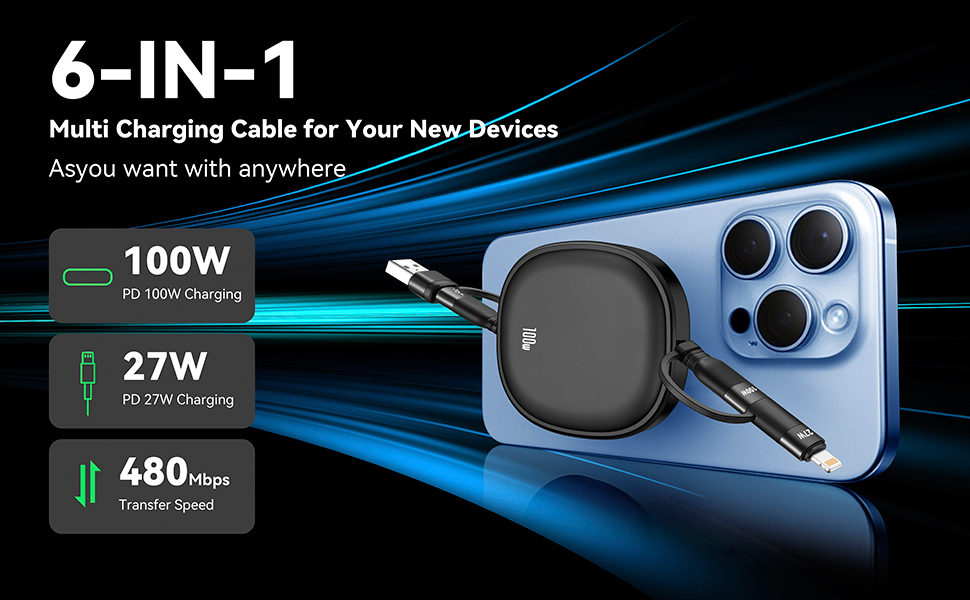 6 in 1 fastest charging cable coiled car charger retractable car charger cable 4 in 1 multi charger