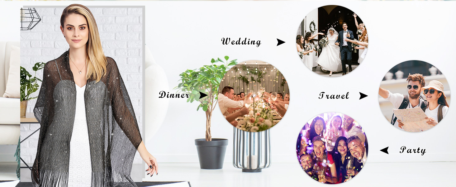 Sparkling Metallic Shawls and Wraps for Evening Party Dresses, Ladiery
