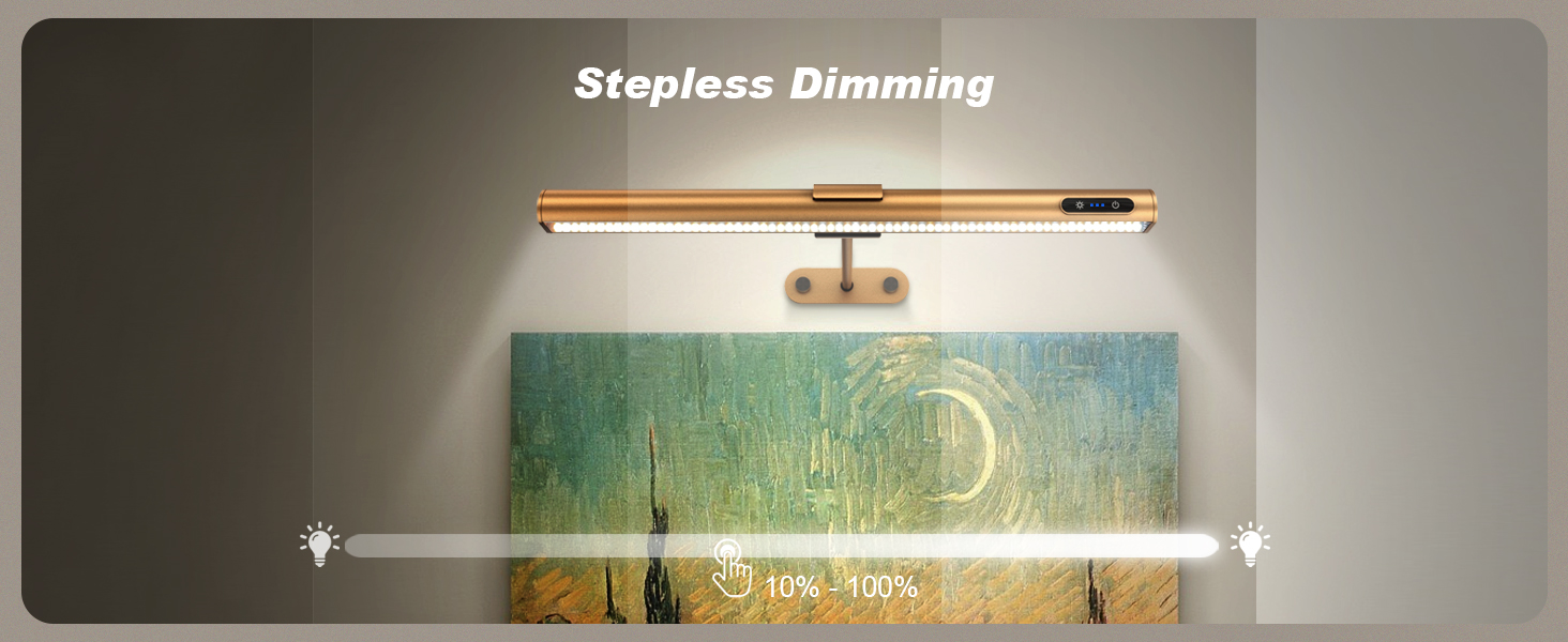 Illustration of stepless dimming feature for a wall-mounted light fixture above a framed artwork. Shows brightness adjustment from 0% to 100%.