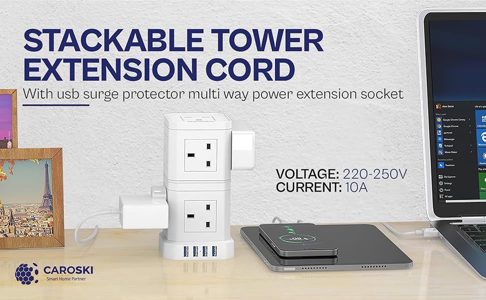 CAROSKI Tower Extension Cord, 6Power Socket with 4 USB Charger