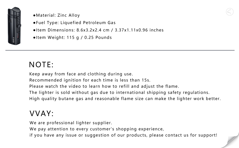 VVAY Triple Jet Flame Lighter Gas Butane Refillable, Sold without Gas