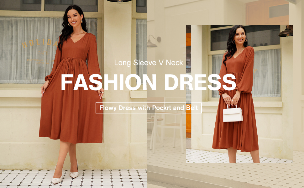 YOESEE Flowy Maxi Dresses for Women Long Sleeve Deep V Neck