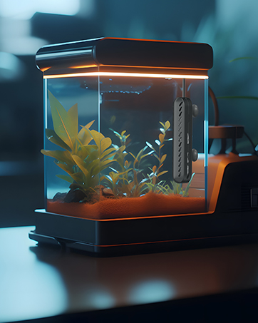 Kleines beleuchtetes Aquarium mit künstlichen Pflanzen und orangefarbener Umgebungsbeleuchtung, auf dunkler Oberfläche vor blau getöntem Hintergrund.