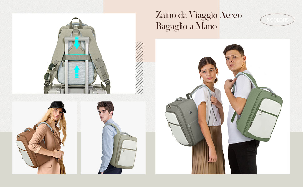 Présentoir multi-panneaux d'un sac à dos moderne aux couleurs beige et blanc avec des compartiments distinctifs et des éléments de design, présentés sous différents angles