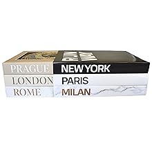 Prague, London and Rome decorative books with black and white New York, Paris and Milan dust covers