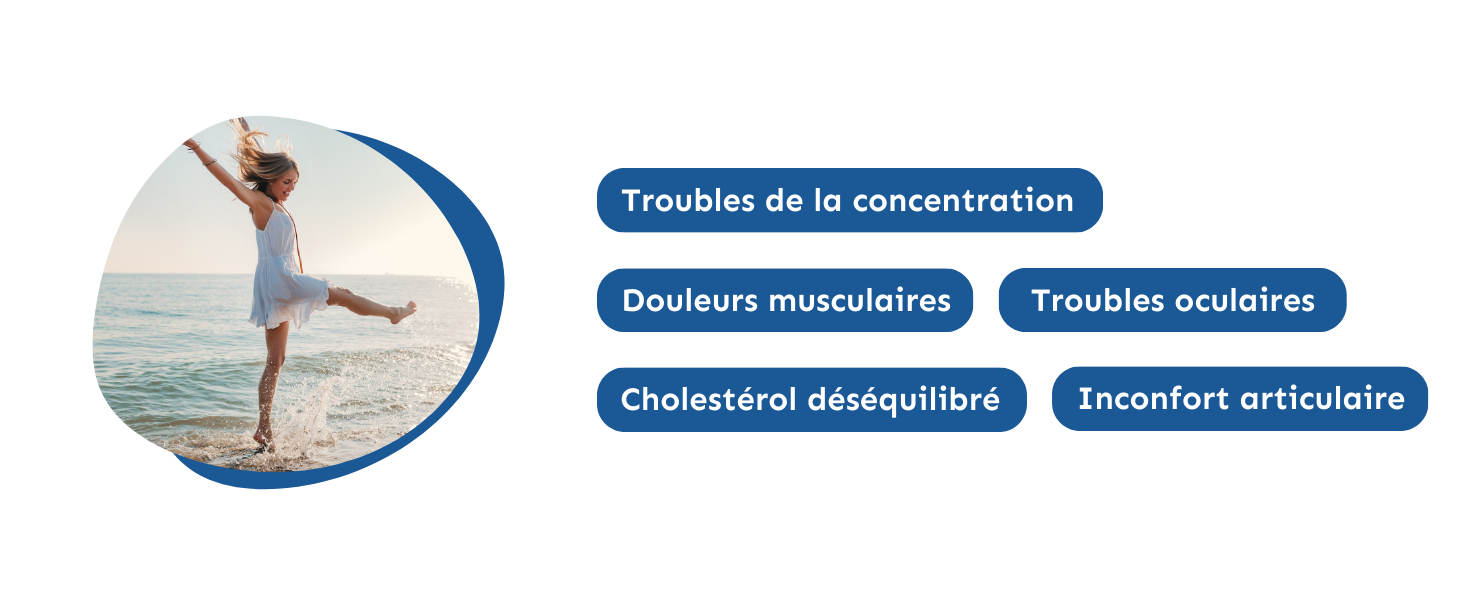 Infographie sur la santé en français montrant diverses affections, notamment les problèmes de concentration, les douleurs musculaires et la fatigue oculaire, avec une image circulaire montrant une scène de bord de mer