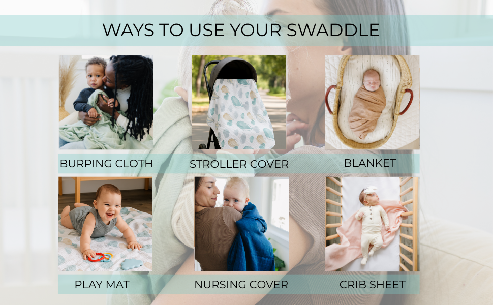 Collage: burping cloth, stroller cover, blanket, play mat, nursing cover, crib sheet