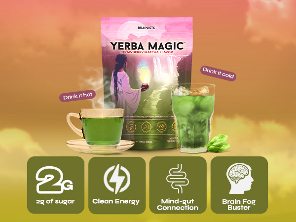 yerba magic strawberry matcha powder with brain natural energy support 