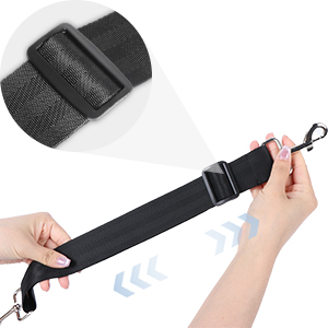 Black adjustable strap with plastic clip and buckle mechanism, shown being handled to demonstrate adjustment.