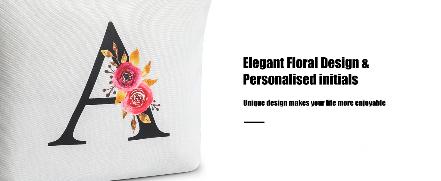 Text reads 'Elegant Floral Design & Personalised initials'. Large decorative letter 'A' with pink and peach flowers and green leaves adorning it.